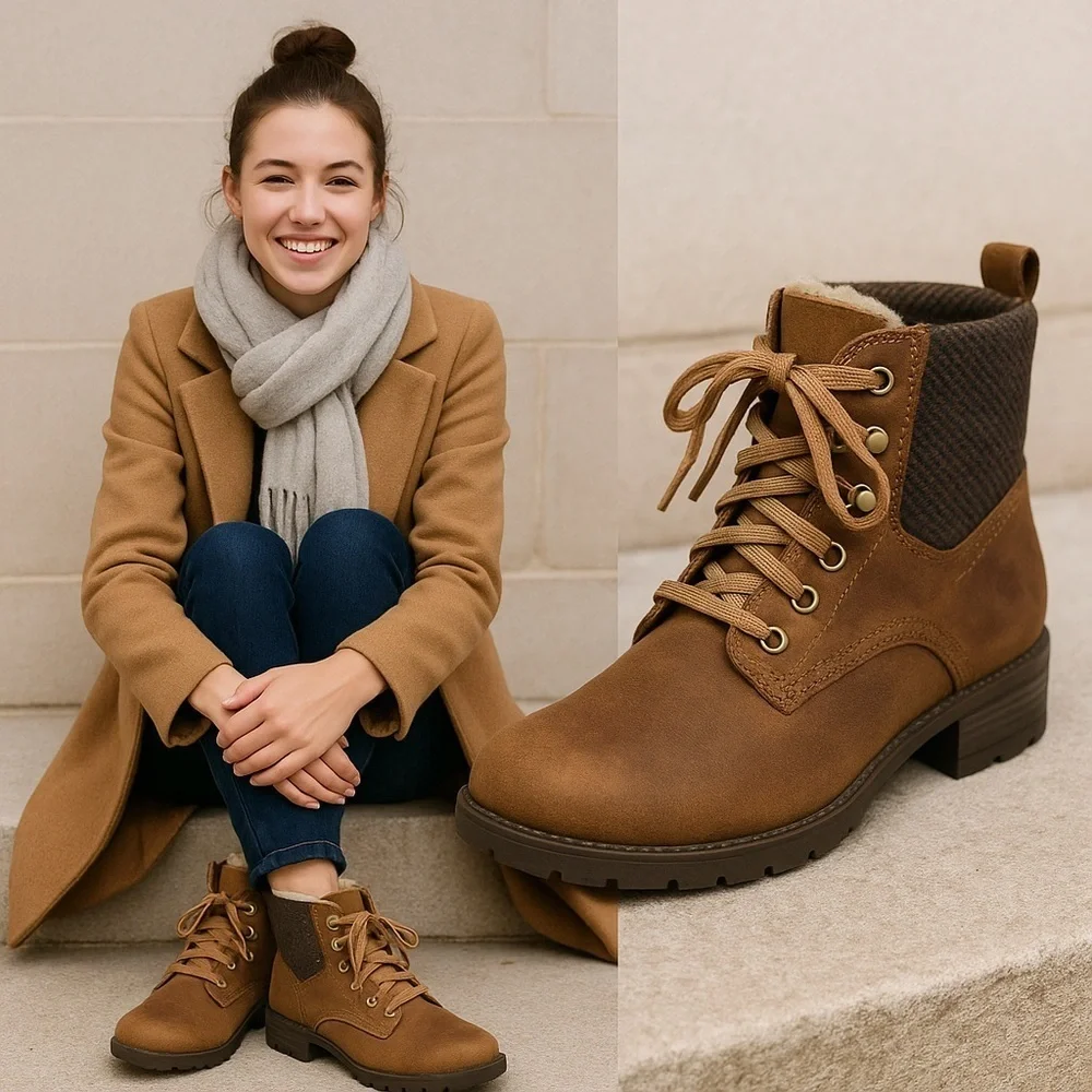 CAT Women’s Leather Sherpa-Lined Ankle Boots – Size 10 Brown